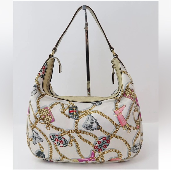Gucci White Satin Charmy Chain Printed Hobo Bag. Authentic. - Picture 2 of 16